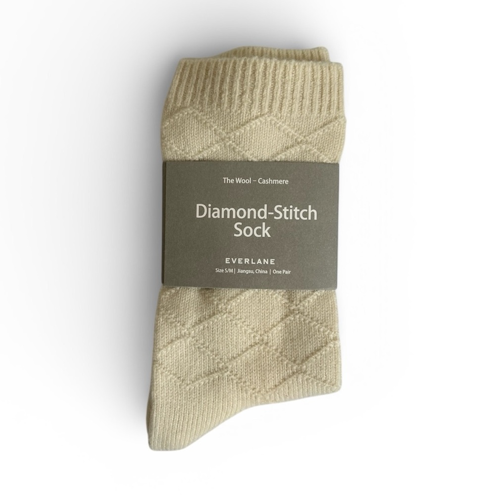 NWT Everlane Wool Cashmere Diamond-Stitch Sock S/M Size -6 1/2-9 1/2 Off-white
